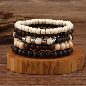Vintage Men's Multi-layer Wood Beaded Bracelet Set Bohemian Stackable Multicolor Resin Alloy Beads Handmade Jewelry Gift