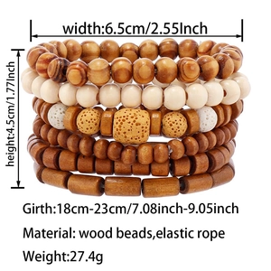 Detailed view of layered wooden beaded bracelets with size and weight measurements