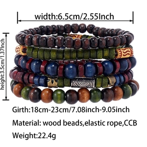 Detail view of Bohemian multi-layer wooden bead bracelets with vintage metal accents