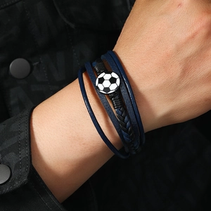 Men's multilayer leather bracelet featuring a black and white soccer charm with magnetic clasp