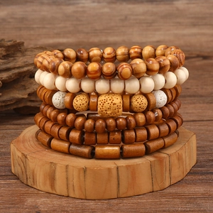 Retro Bohemian Multilayer Wood Beaded Bracelet For Men Handmade Elastic Natural Wood Beads Jewelry Brown Mixed Colors