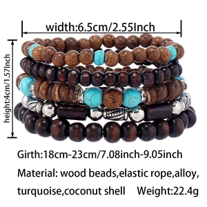 Detail of bohemian multilayer bracelet set with wood beads and turquoise stones