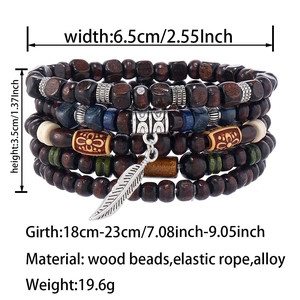 Detailed size specifications for multi-layer wood bead bracelets with feather charm