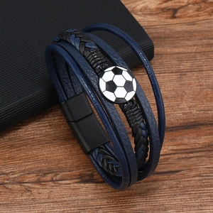 Men's multilayer leather bracelet with soccer charm and matte magnetic closure