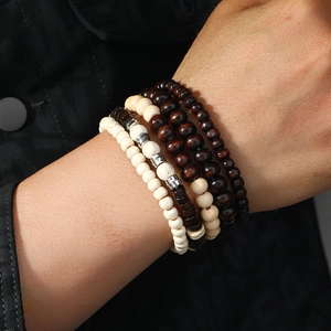 Men's retro multi-layer beaded bracelet set featuring dark wood and white stone beads