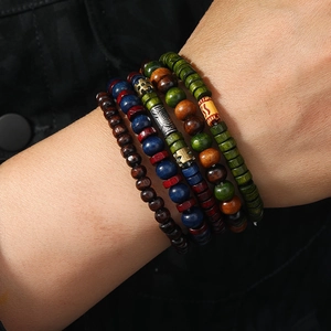Ethnic multi-layered wooden beaded bracelet set for men with vintage metal accents