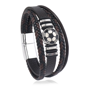 Men's multilayer leather soccer bracelet with braided cords and magnetic silver clasp