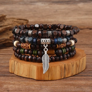 Men Retro Ethnic Wood Bead Bracelet Alloy Feather Pendant Multilayer Bohemian Handmade Beaded Elastic Jewelry