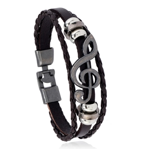 Vintage multilayer leather bracelet with G-clef musical note charm and metal clasp