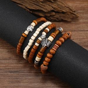 Five-piece multi-layer wooden bead bracelet set with retro alloy butterfly and elephant charms