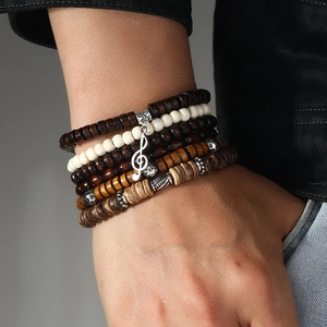 Handmade multilayer wood bead bracelet set with musical note charm for men and women