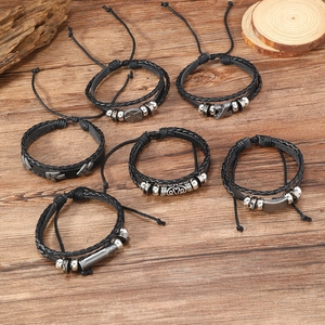 Men's 6-piece multilayer black braided leather bracelet set with punk alloy charms