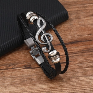 Multilayer leather bracelet with silver treble clef music note charm and metal buckle