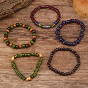 Multilayer ethnic wooden bead bracelet set with natural colorful textures for men