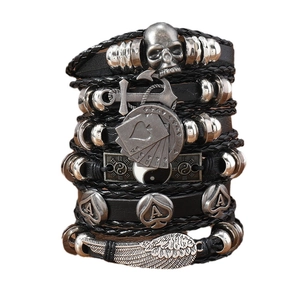Men's punk multilayer braided leather bracelet set with skull and anchor alloy charms