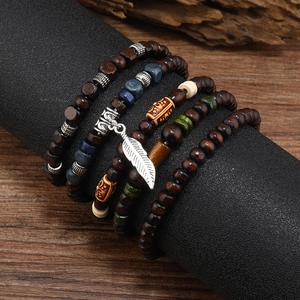 Five-piece multilayer men's ethnic bracelet set with wooden beads and silver feather charm