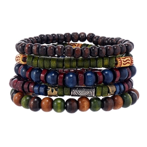 Ethnic tribal multilayer wooden bead bracelet set in assorted natural earth tones