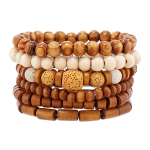 Bohemian multilayer wooden beaded bracelet set with lava stones in earthy warm tones