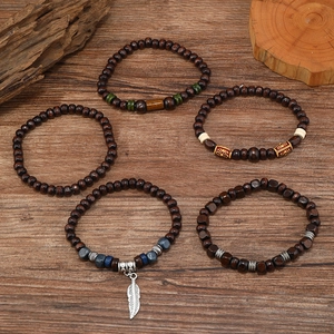 Five-piece multi-layer men's ethnic wooden bead bracelet set with silver feather charm