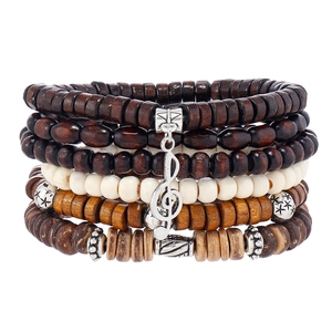 Multilayer beaded bracelet set with wood beads, coconut shell, and silver musical note charm