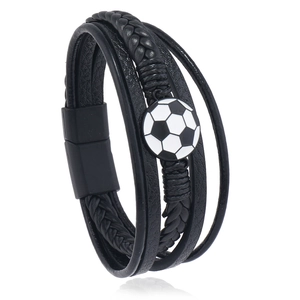 Men's multi-layer black leather woven bracelet with classic soccer ball charm and magnetic buckle