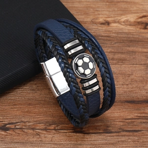 Men's multilayer blue leather bracelet with football charm and magnetic clasp