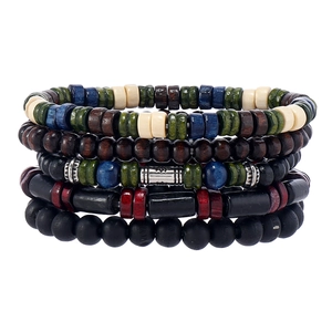 Retro multi-layer wooden bead bracelet set for men with vintage ethnic bohemian style