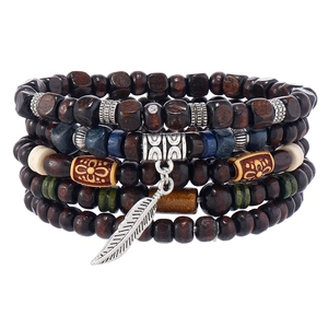 Bohemian multi-layer wooden bead bracelet set with silver feather charm and ethnic accents