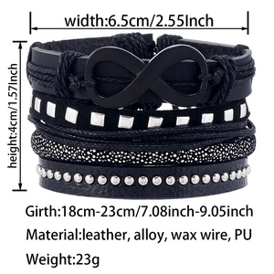 Detailansicht des Infinity-Lederarmbands mit mehreren Lagen und Maßen im Bild