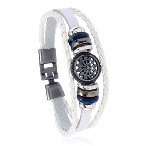 Vintage mehrlagiges geflochtenes weißes Lederarmband mit einem Metall Sonnenblumen Anhänger
