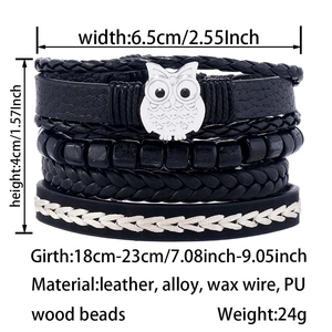 Detail view of multi-layer leather owl bracelet set with sizing and material specs