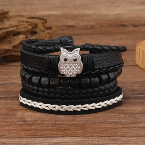 Vintage Owl Leather Braided Bracelet Set For Men Alloy Wood Beads Multilayer Wrap Handmade Punk Rock Jewelry Accessory