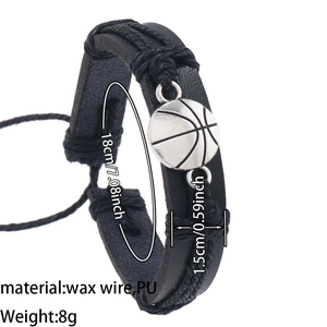 Detail view of braided leather basketball bracelet with 18cm length and material specs