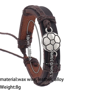 Detailed view of hand-woven leather football bracelet with alloy soccer ball charm