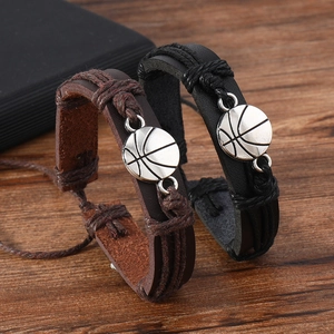 Basketball Sports Woven Leather Bracelet Handmade Adjustable Alloy Pendant Wristband For Men Women Casual Jewelry Gift