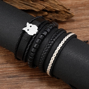Men's multi-layer black leather bracelet set featuring silver owl charm and wood beads