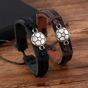 Vintage Leather Braided Bracelet For Men Women Football Soccer Alloy Charm Adjustable Wax Cord Handmade Sports Jewelry