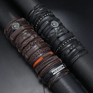 Vintage Leather Bracelet For Men Tree Of Life Multi Layer Hand Woven Adjustable Alloy Punk Ethnic Wristband Jewelry Assortment