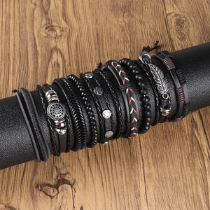 Men Leather Bracelet Set Multilayer Handwoven Punk Retro Alloy Star Feather Pendant Bohemian Adjustable Jewelry Wristband
