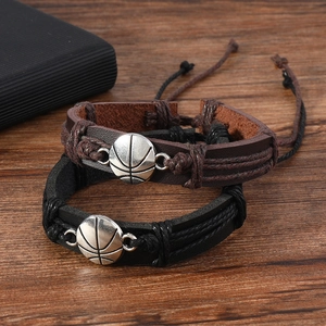 Men's braided leather sports bracelets in black and brown with silver basketball charm