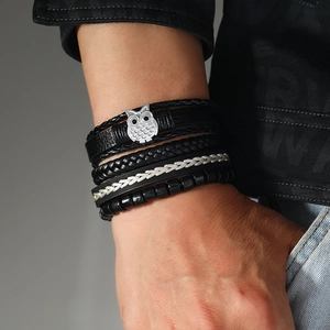 Men's multi-layer black leather bracelet set with owl charm and braided straps