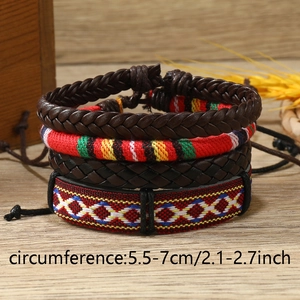 Detailed shot of ethnic woven bracelets with circumference sizing 5.5-7cm shown on wood