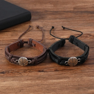 Handmade woven leather basketball bracelets in black and brown with adjustable cord