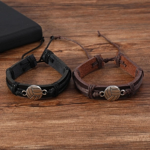 Retro braided leather volleyball charm bracelets for men in black and dark brown