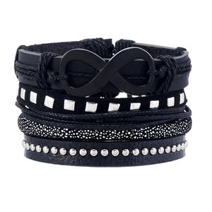 Mehrlagiges Herren-Lederarmband in Schwarz mit Unendlichkeitssymbol und Nieten