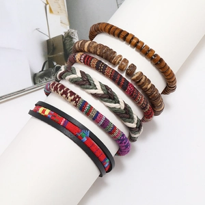 Men's bohemian cross leather and wood bead 6-piece multi-layer bracelet set on a stand