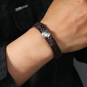 Men's hand-woven leather basketball bracelet with vintage silver pendant