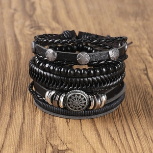 Men's retro multilayer braided leather bracelet set with metallic star and sun motifs
