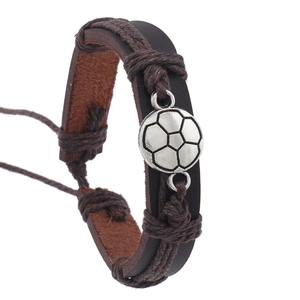 Vintage football leather bracelet for men featuring woven cords and silver soccer charm