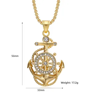 Pendentif ancre hip-hop 56x32mm plaqué or avec des cristaux blancs étincelants